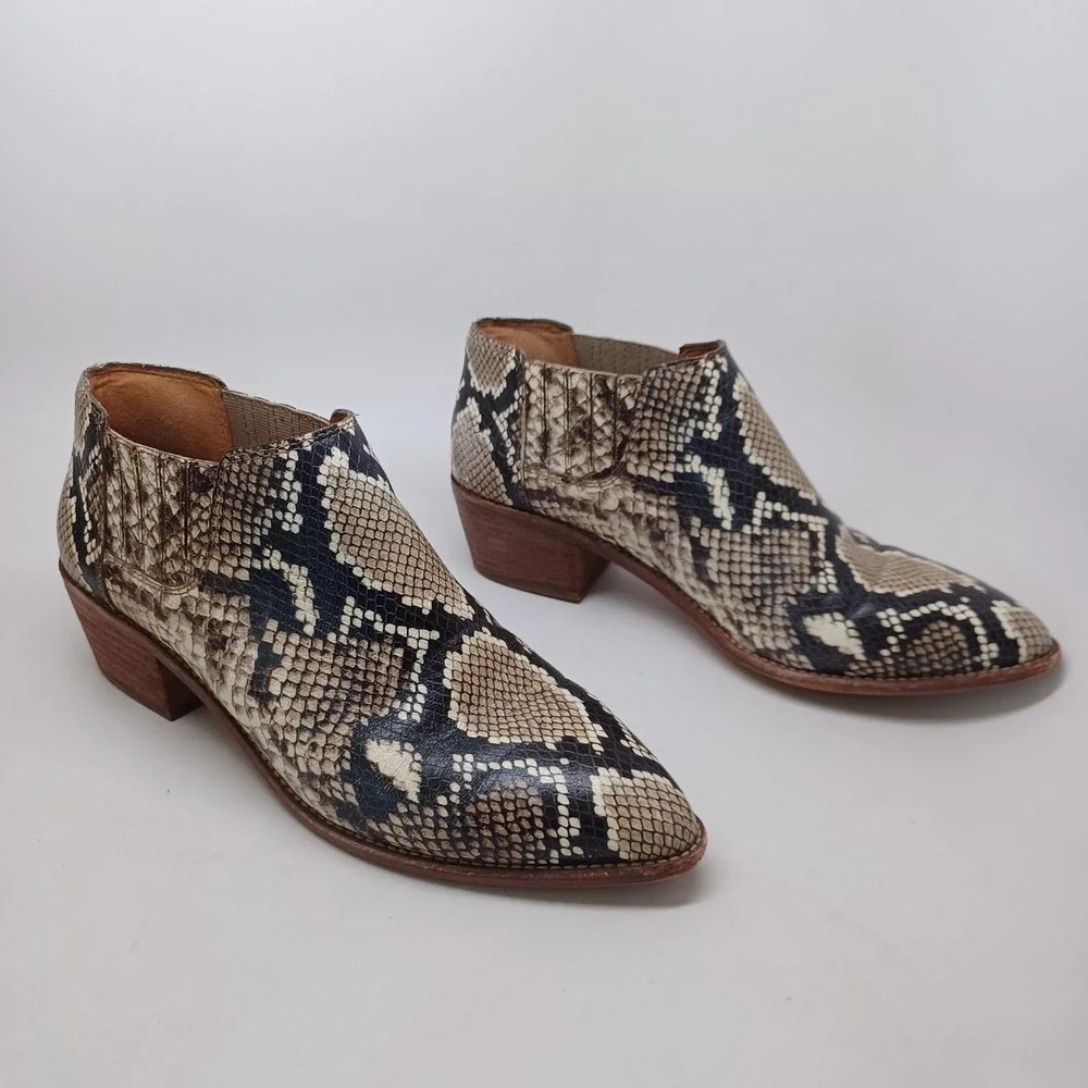Madewell womens Snakeskin Print Pointed Toe Ankle Boots Brown Tan Block Heel 9.5
